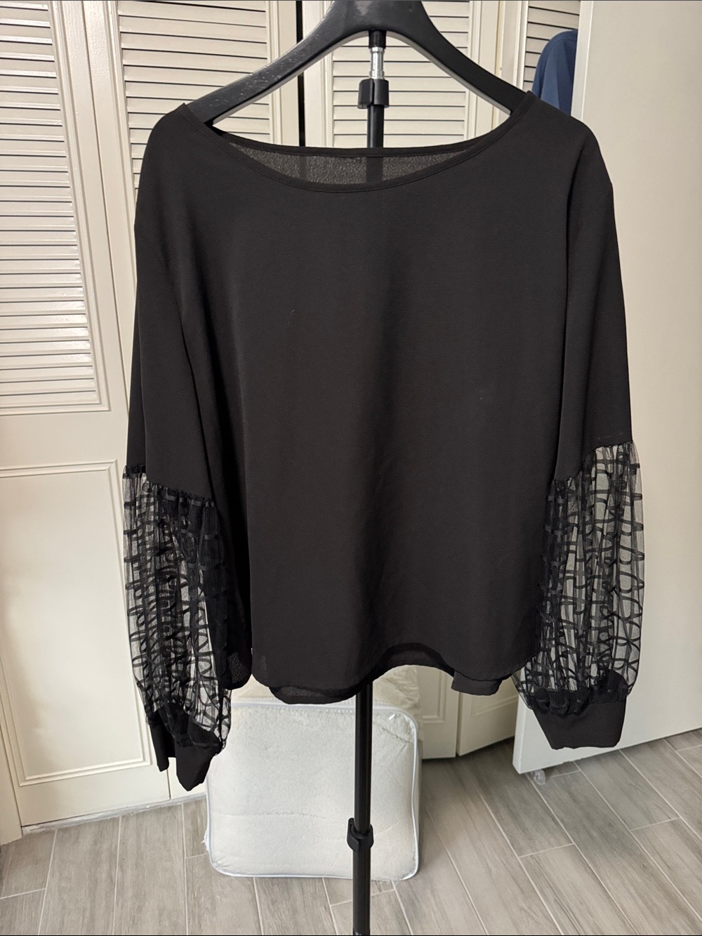 Women's Black Pullover Top with Sheer Grid Balloon Sleeves